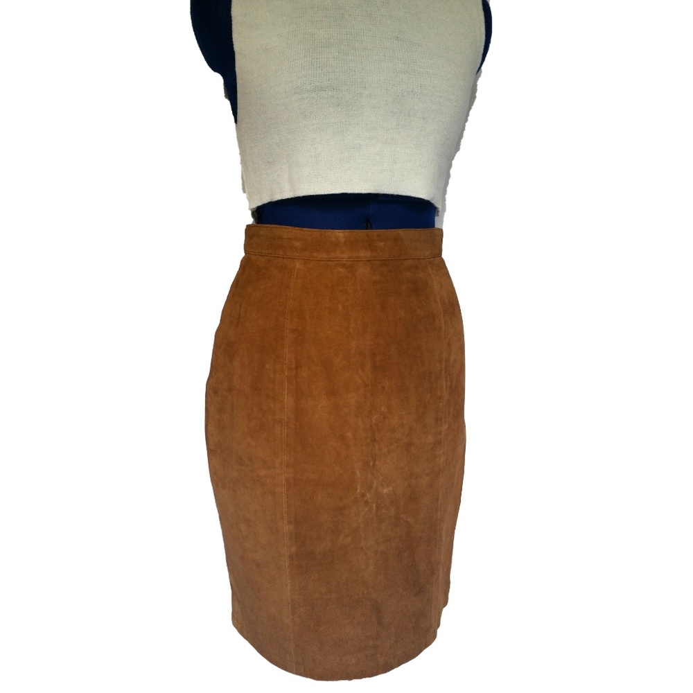 Vintage 80s G3 Brown Leather Nubuck Pencil Skirt Womens XS G-III Academia Vibes